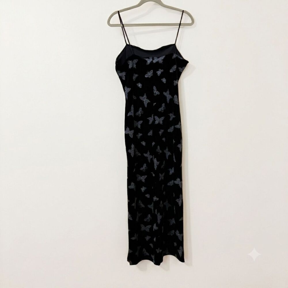 Vintage 90s Chesley Black Velvet Butterfly Maxi Slip Dress Size L - Picture 2 of 5